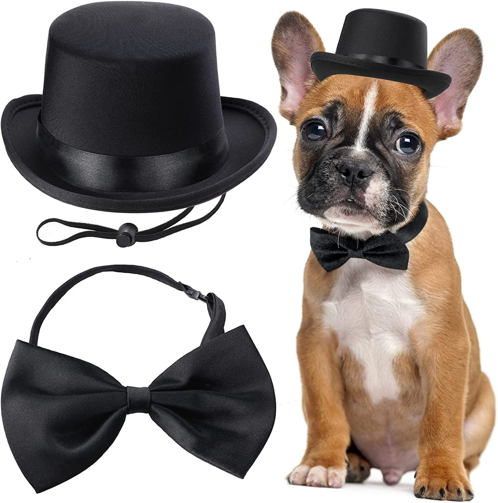 2 Pieces Pet Formal Accessories Set - Top Hat with Pet Formal Necktie/Bowtie Birthday Party Gradation Halloween Costumes Accessories for Dog Cat (Black-A)
