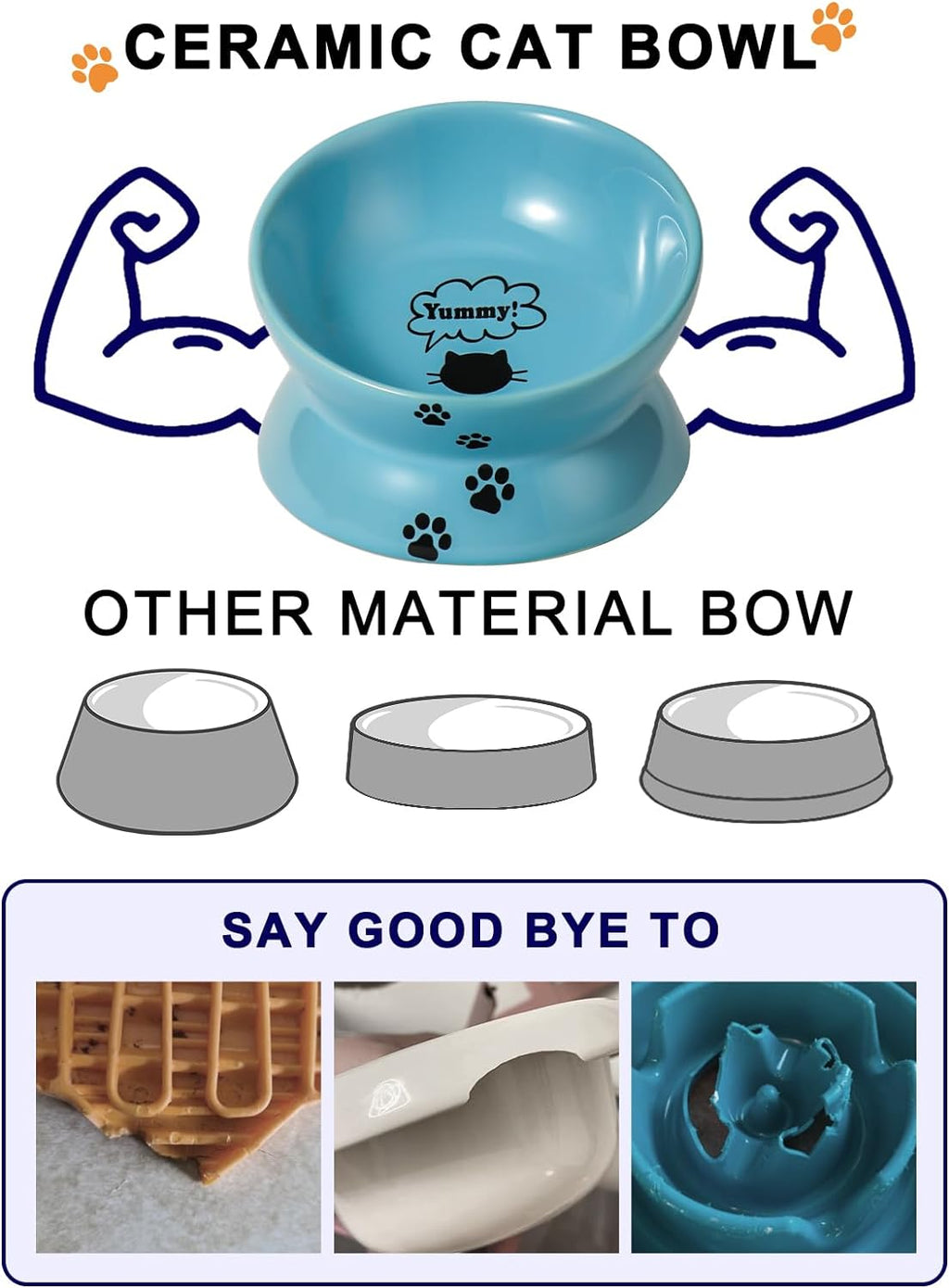 Elevated Ceramic Cat Food Bowl with Tilt Angle for Spine Protection, Anti-Vomiting Design, and Backflow Prevention in Lake Blue