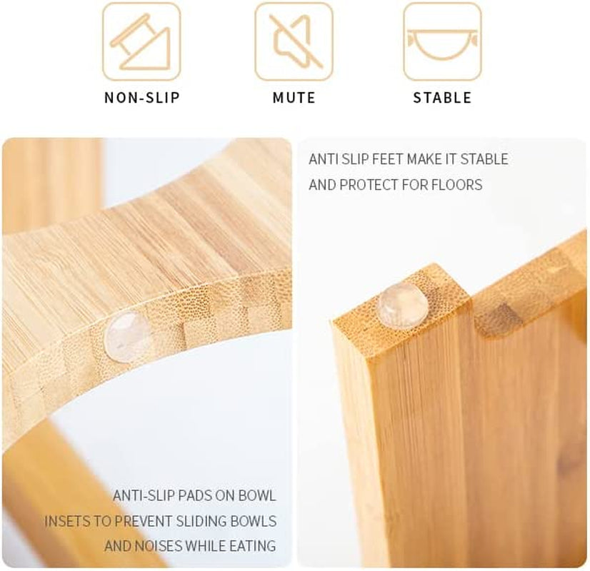 Elevated Pet Feeding Station for Cats and Small Dogs, Bamboo Stand with Two Stainless Steel Bowls and Anti-Slip Feet (4'' Height, 20 Oz Capacity)