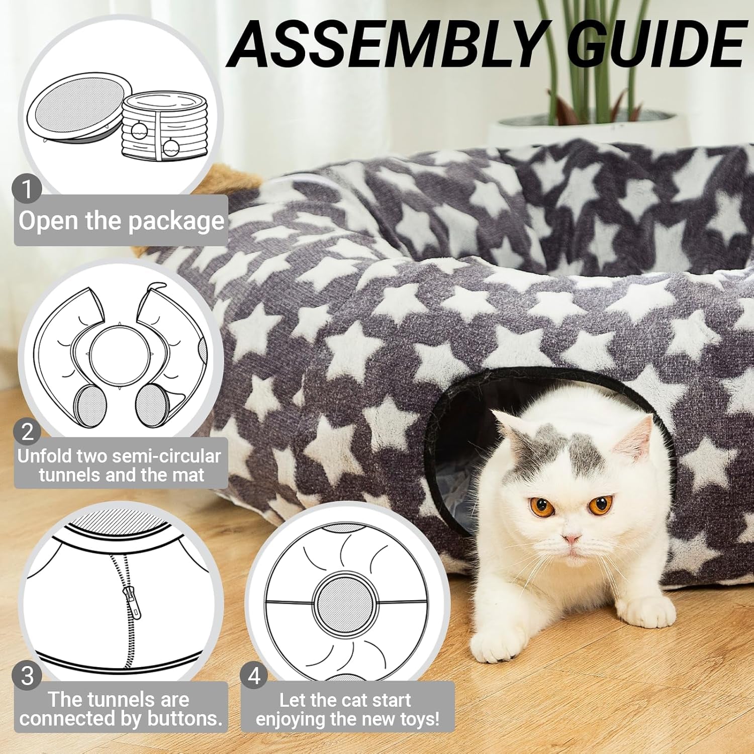 Large Cat Tunnel Bed with Fluffy Toy Balls and Cushion - Flexible Design, 10-Inch Diameter, 3 Feet Length - Ideal for Cats and Small Dogs, Gray Star Pattern