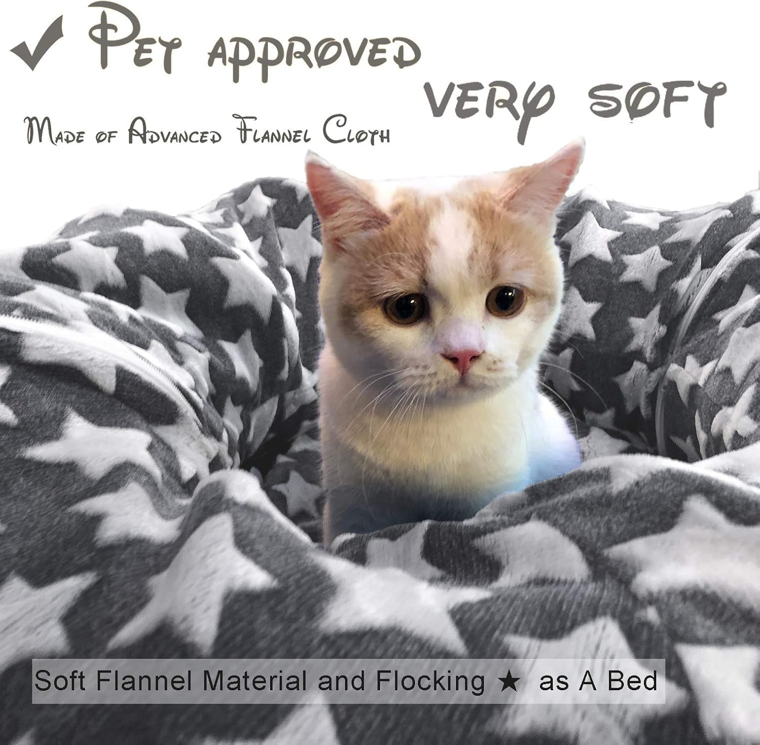 Large Cat Tunnel Bed with Fluffy Toy Balls and Cushion - Flexible Design, 10-Inch Diameter, 3 Feet Length - Ideal for Cats and Small Dogs, Gray Star Pattern